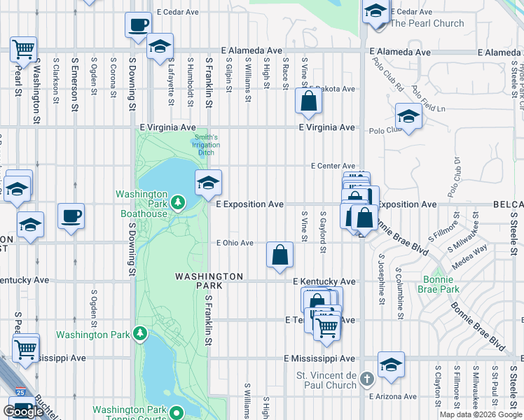 map of restaurants, bars, coffee shops, grocery stores, and more near 711 South High Street in Denver