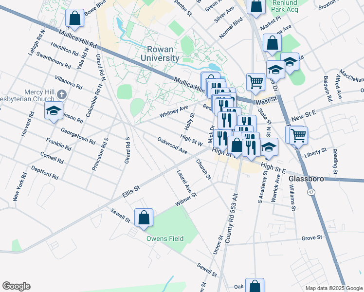 map of restaurants, bars, coffee shops, grocery stores, and more near 7 Holly Street in Glassboro