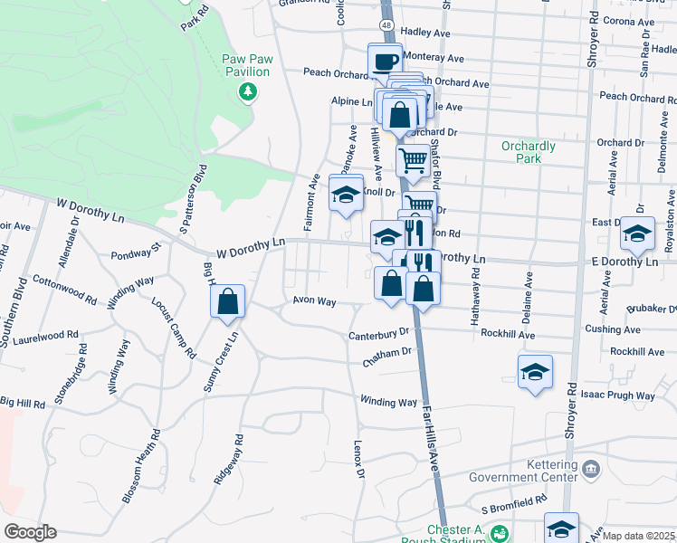 map of restaurants, bars, coffee shops, grocery stores, and more near 210 West Dorothy Lane in Dayton