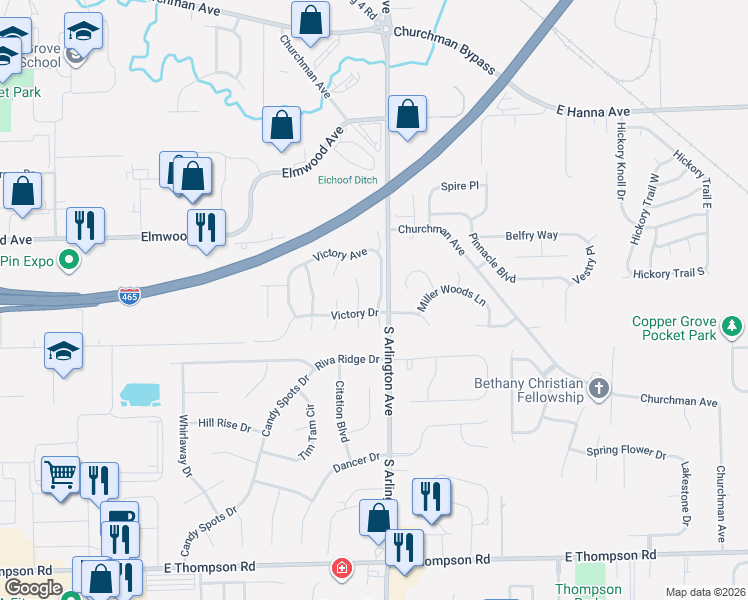 map of restaurants, bars, coffee shops, grocery stores, and more near 4410 Victory Blvd in Indianapolis
