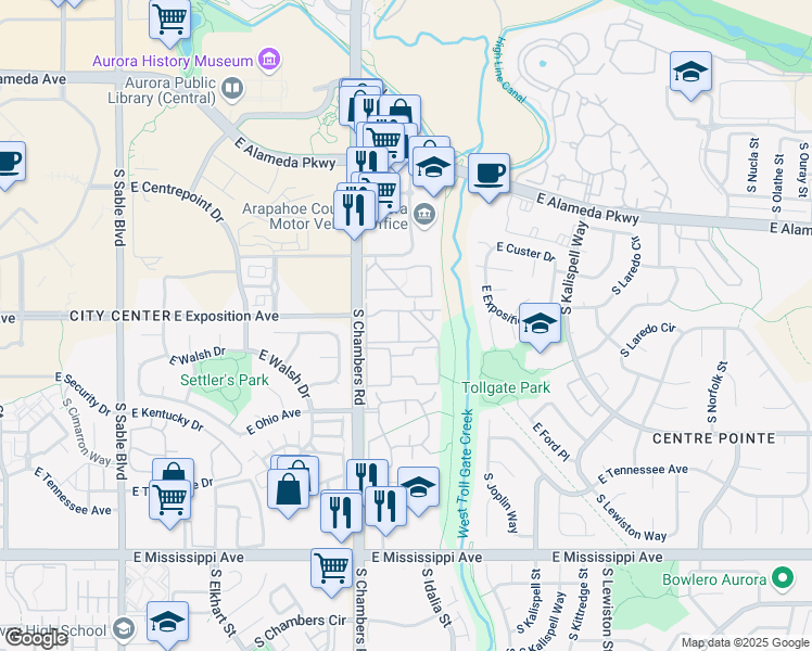 map of restaurants, bars, coffee shops, grocery stores, and more near 704 South Chambers Road in Aurora