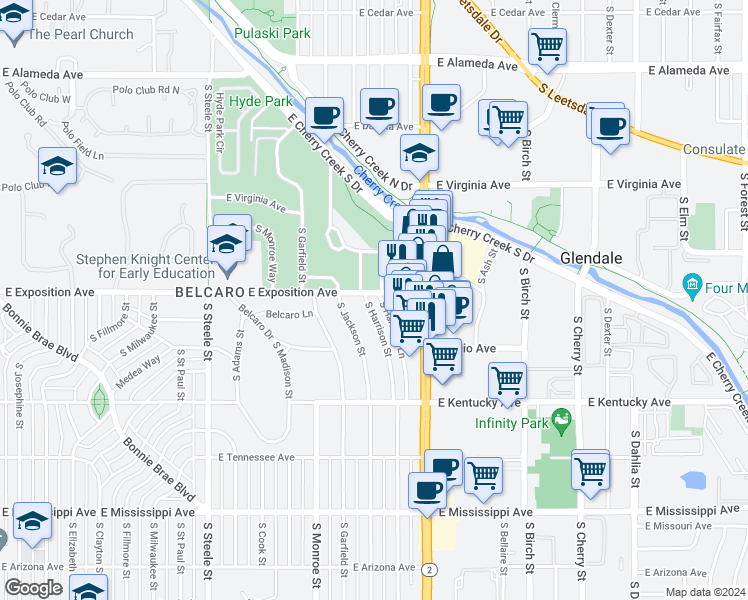 map of restaurants, bars, coffee shops, grocery stores, and more near 700 South Harrison Street in Denver