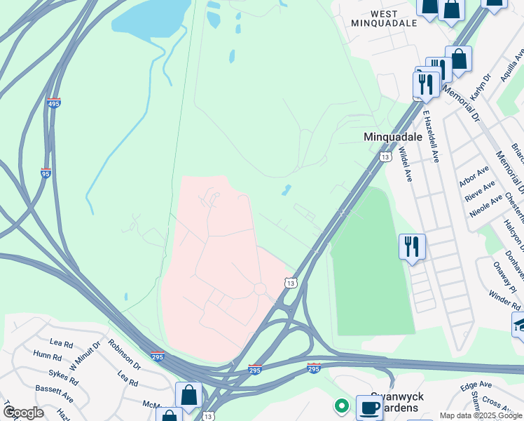 map of restaurants, bars, coffee shops, grocery stores, and more near 109 Lovelace Avenue in New Castle
