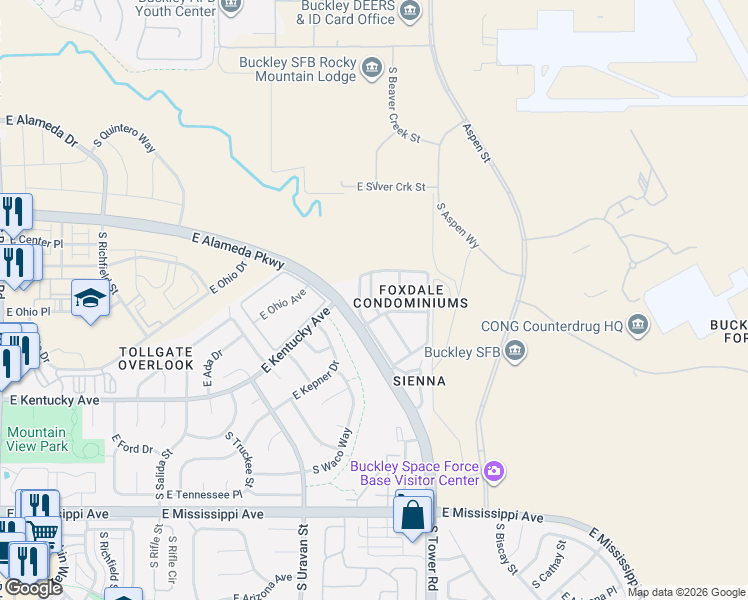 map of restaurants, bars, coffee shops, grocery stores, and more near 908 South Walden Way in Aurora