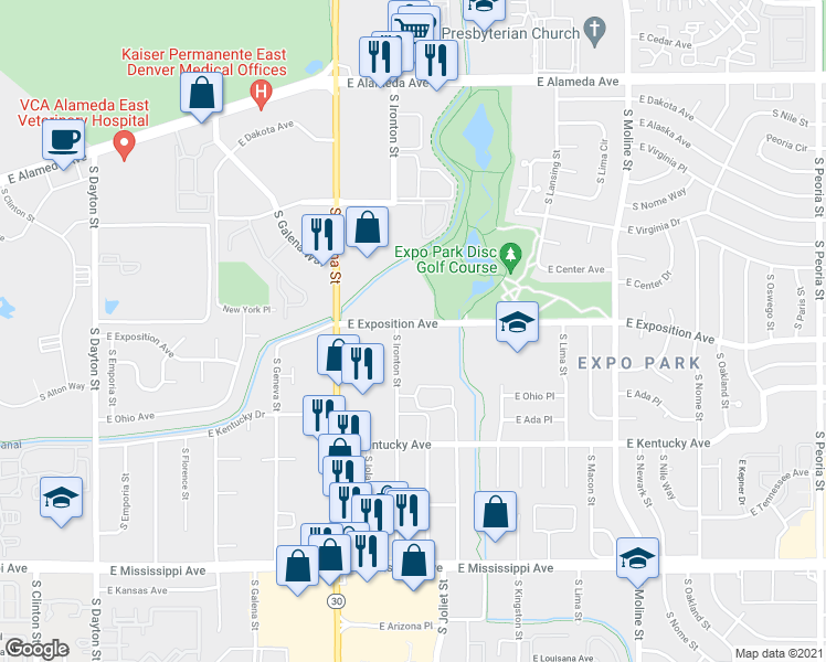 map of restaurants, bars, coffee shops, grocery stores, and more near 10702 South Ironton Street in Aurora