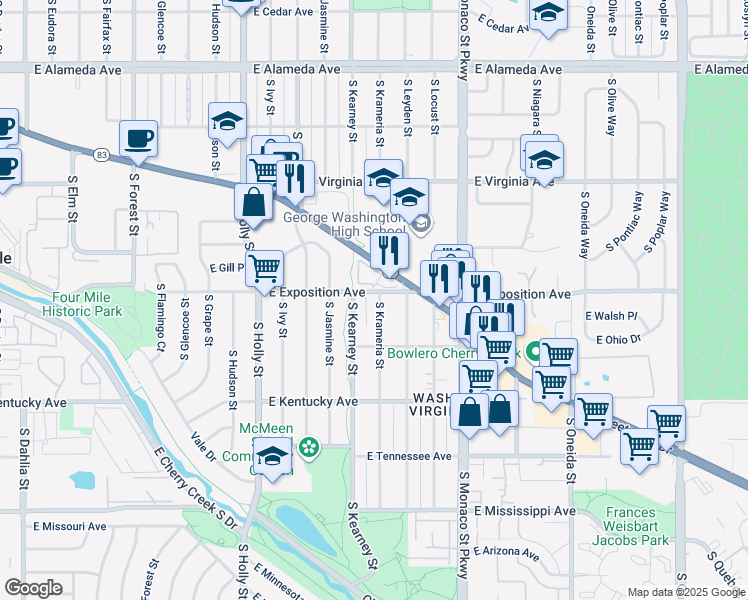 map of restaurants, bars, coffee shops, grocery stores, and more near 710 South Krameria Street in Denver