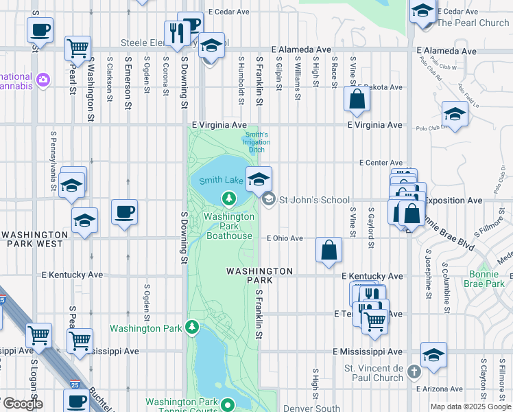 map of restaurants, bars, coffee shops, grocery stores, and more near 700 South Franklin Street in Denver