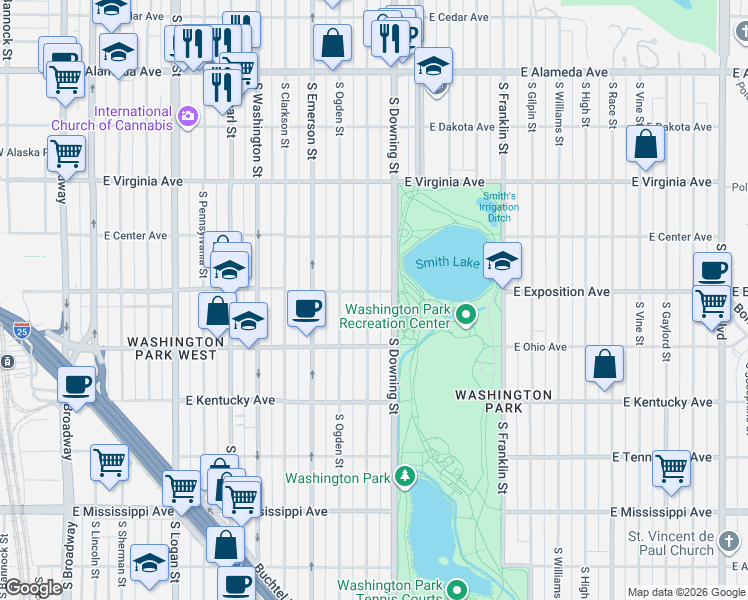 map of restaurants, bars, coffee shops, grocery stores, and more near 708 South Corona Street in Denver