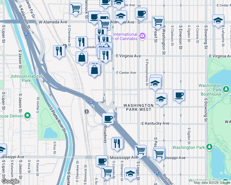 map of restaurants, bars, coffee shops, grocery stores, and more near 717 South Lincoln Street in Denver