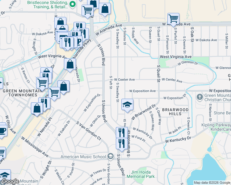 map of restaurants, bars, coffee shops, grocery stores, and more near 681 South Taft Street in Lakewood
