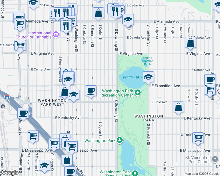 map of restaurants, bars, coffee shops, grocery stores, and more near 708 South Corona Street in Denver