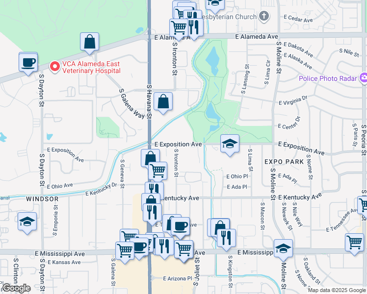map of restaurants, bars, coffee shops, grocery stores, and more near 10702 South Ironton Street in Aurora
