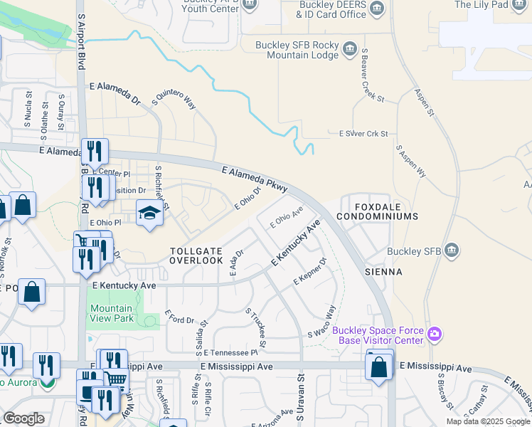map of restaurants, bars, coffee shops, grocery stores, and more near 18053 East Ohio Avenue in Aurora