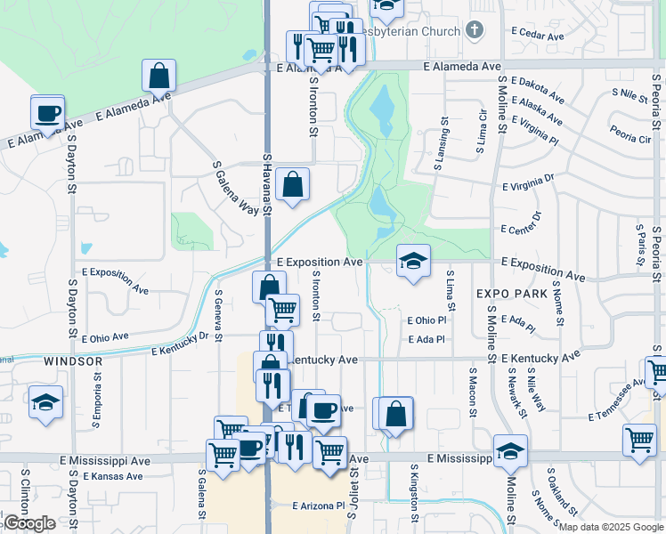 map of restaurants, bars, coffee shops, grocery stores, and more near 10792 East Exposition Avenue in Aurora