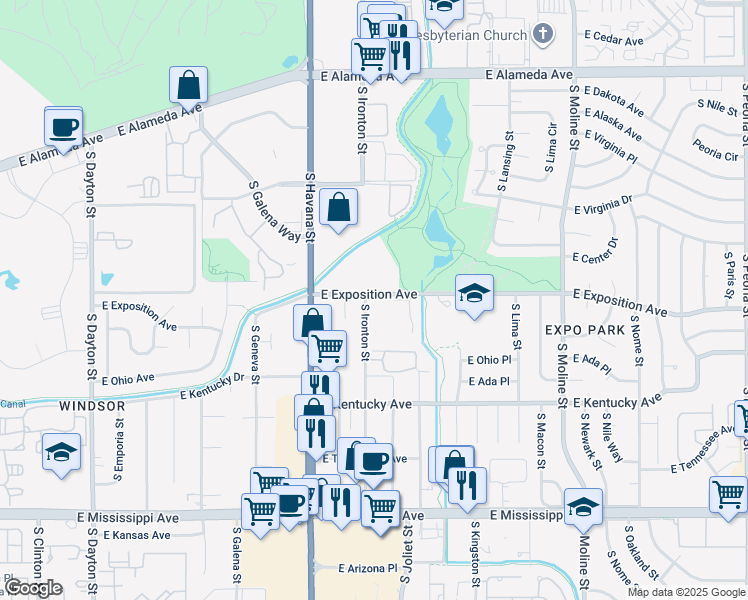 map of restaurants, bars, coffee shops, grocery stores, and more near 10702 East Exposition Avenue in Aurora
