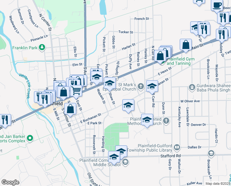 map of restaurants, bars, coffee shops, grocery stores, and more near 233 Shaw Street in Plainfield