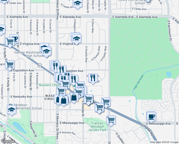 map of restaurants, bars, coffee shops, grocery stores, and more near 6920 East Exposition Avenue in Denver
