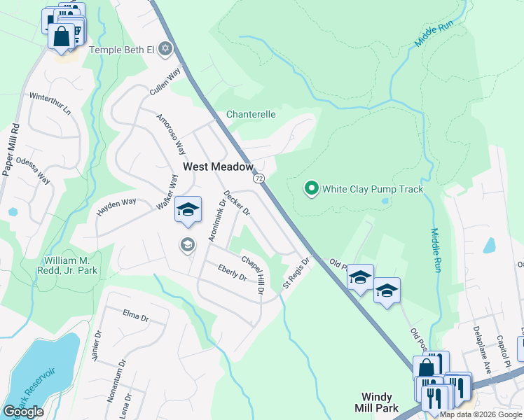 map of restaurants, bars, coffee shops, grocery stores, and more near 28 Aronimink Drive in Newark