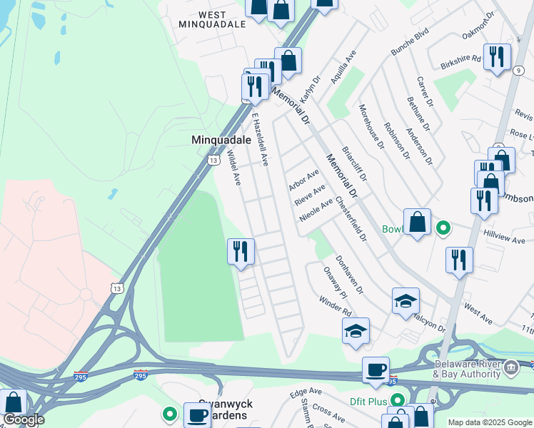 map of restaurants, bars, coffee shops, grocery stores, and more near 311 Minquadale Boulevard in New Castle