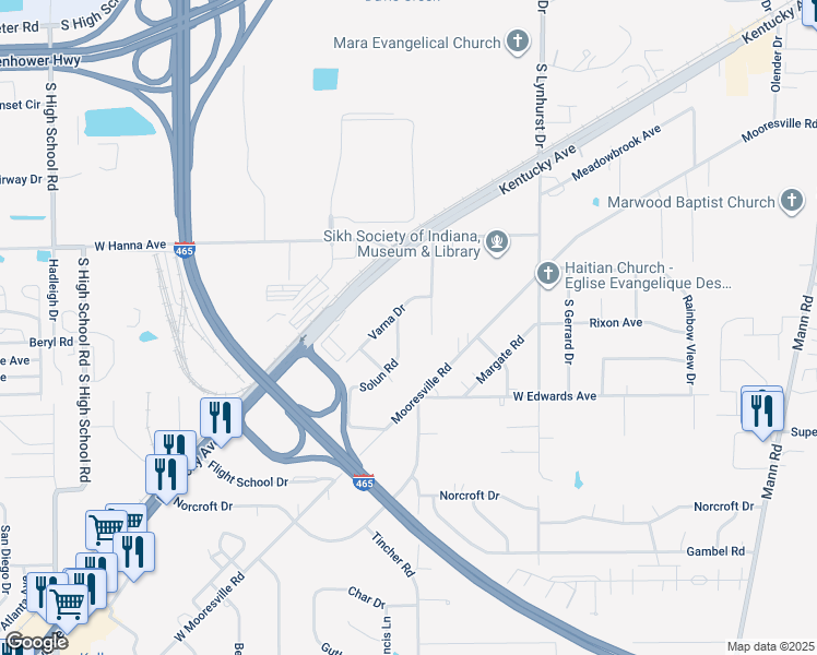 map of restaurants, bars, coffee shops, grocery stores, and more near 4200 Solun Road in Indianapolis