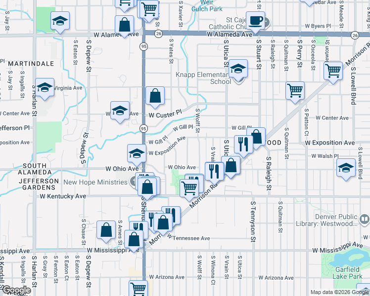 map of restaurants, bars, coffee shops, grocery stores, and more near 725 South Wolcott Court in Denver