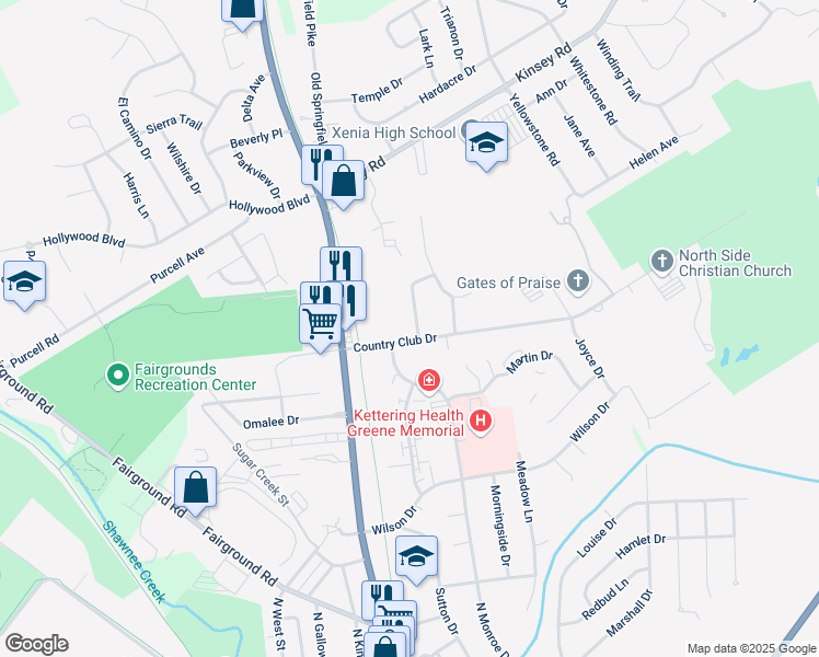map of restaurants, bars, coffee shops, grocery stores, and more near 1440 Pavey Place in Xenia