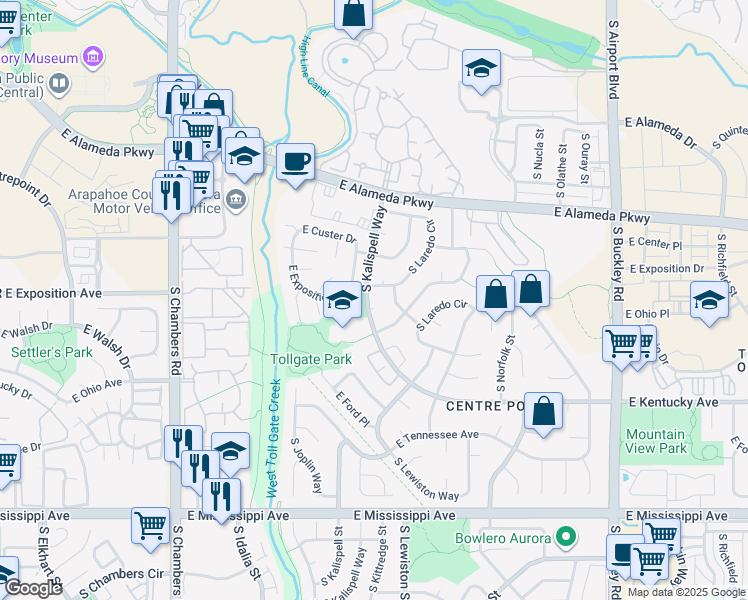 map of restaurants, bars, coffee shops, grocery stores, and more near 628 South Kalispell Way in Aurora