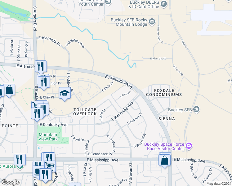 map of restaurants, bars, coffee shops, grocery stores, and more near 18033 East Ohio Avenue in Aurora