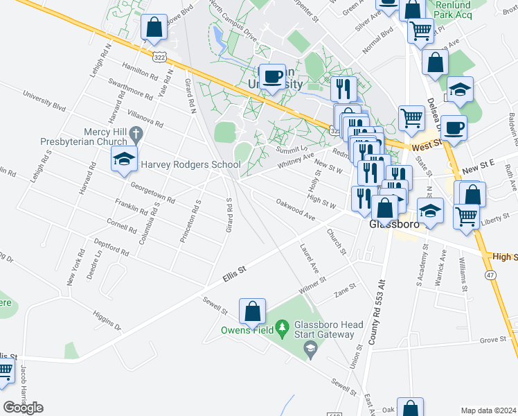 map of restaurants, bars, coffee shops, grocery stores, and more near 231 Laurel Avenue in Glassboro