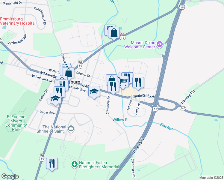 map of restaurants, bars, coffee shops, grocery stores, and more near 501 East Main Street in Emmitsburg
