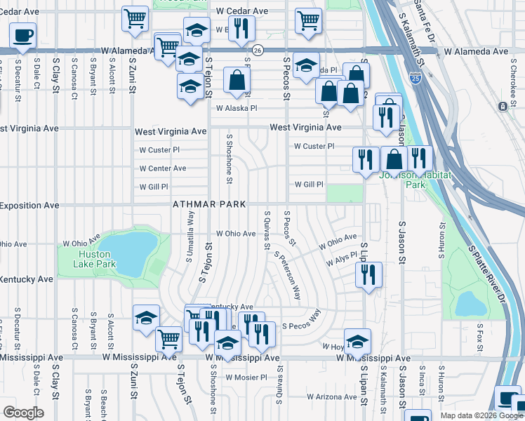 map of restaurants, bars, coffee shops, grocery stores, and more near 713 South Quivas Street in Denver