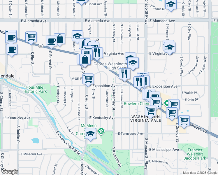 map of restaurants, bars, coffee shops, grocery stores, and more near 708 South Jasmine Street in Denver