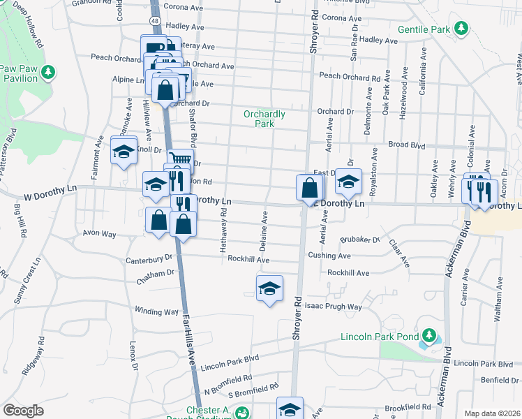 map of restaurants, bars, coffee shops, grocery stores, and more near 3001 Delaine Avenue in Dayton