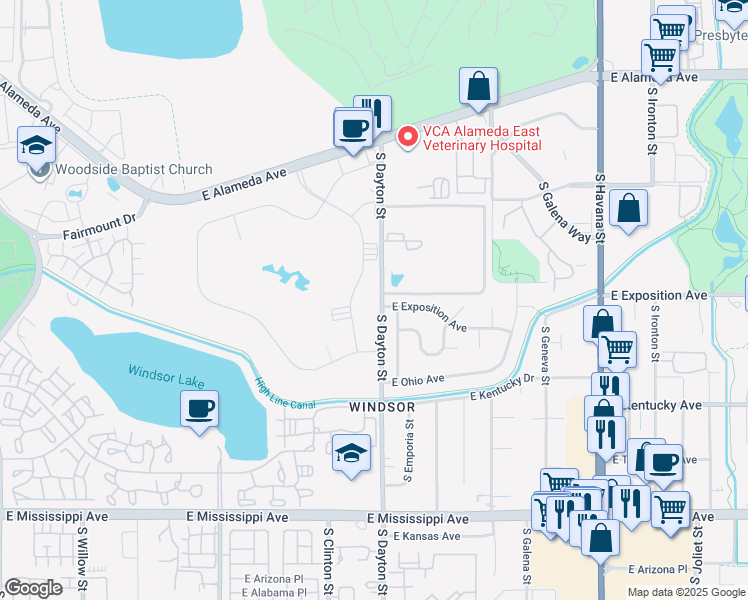 map of restaurants, bars, coffee shops, grocery stores, and more near 720 South Clinton Street in Denver