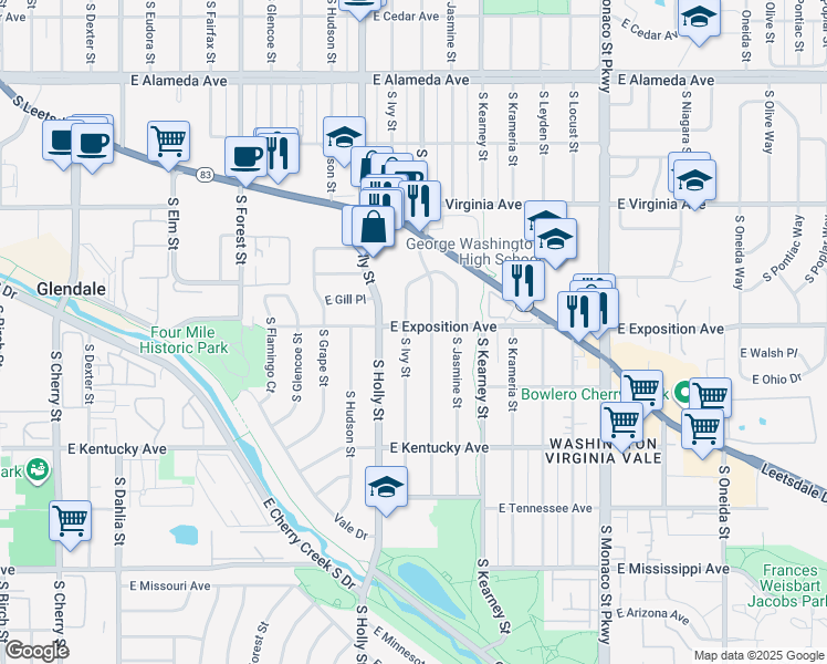 map of restaurants, bars, coffee shops, grocery stores, and more near 714 South Ivy Street in Denver