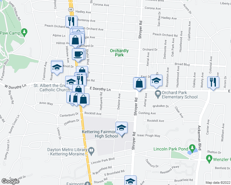map of restaurants, bars, coffee shops, grocery stores, and more near 336 East Dorothy Lane in Dayton