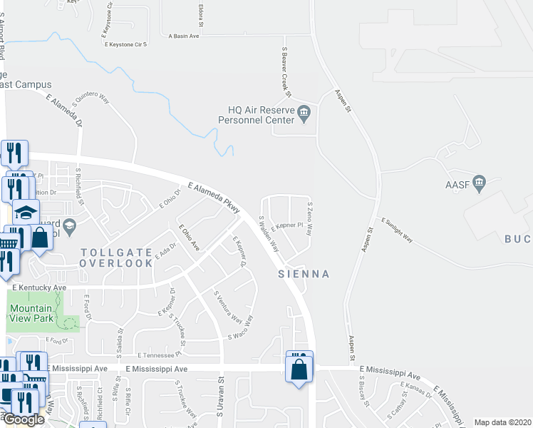 map of restaurants, bars, coffee shops, grocery stores, and more near 908 South Walden Way in Aurora