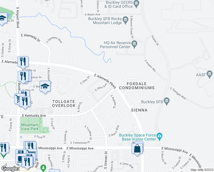 map of restaurants, bars, coffee shops, grocery stores, and more near 18106 East Ohio Avenue in Aurora