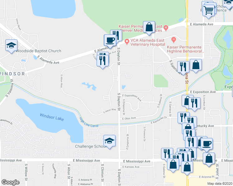 map of restaurants, bars, coffee shops, grocery stores, and more near 720 South Clinton Street in Denver