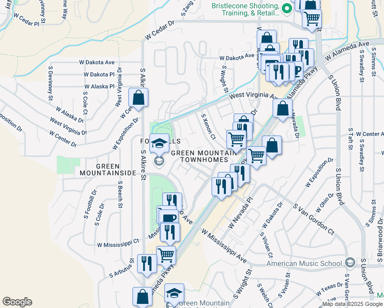 map of restaurants, bars, coffee shops, grocery stores, and more near 676 South Youngfield Court in Lakewood