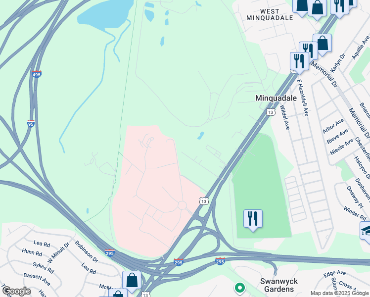 map of restaurants, bars, coffee shops, grocery stores, and more near 109 Lovelace Avenue in New Castle