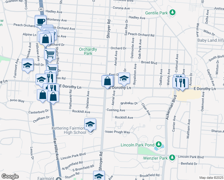 map of restaurants, bars, coffee shops, grocery stores, and more near 3000 Shroyer Road in Kettering