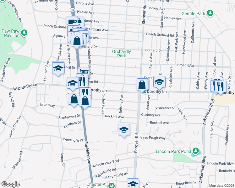 map of restaurants, bars, coffee shops, grocery stores, and more near 3001 Delaine Avenue in Dayton