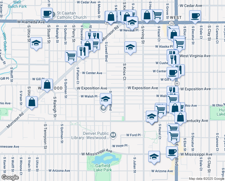 map of restaurants, bars, coffee shops, grocery stores, and more near 704 South Lowell Boulevard in Denver