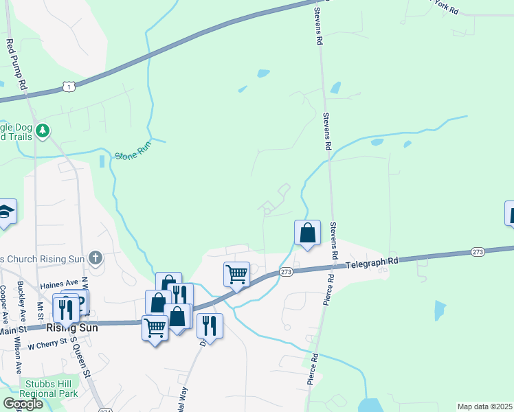 map of restaurants, bars, coffee shops, grocery stores, and more near 109 Maple Heights Lane in Rising Sun