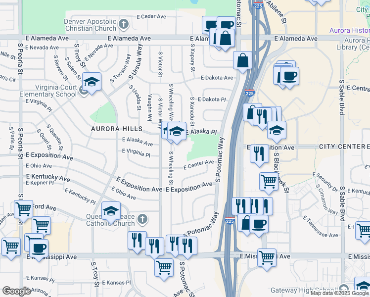 map of restaurants, bars, coffee shops, grocery stores, and more near 742 South Wheeling Street in Aurora