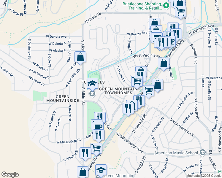map of restaurants, bars, coffee shops, grocery stores, and more near 676 South Youngfield Court in Lakewood