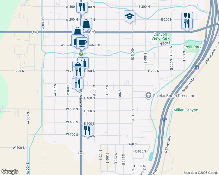 map of restaurants, bars, coffee shops, grocery stores, and more near 330 South 200 East in Nephi