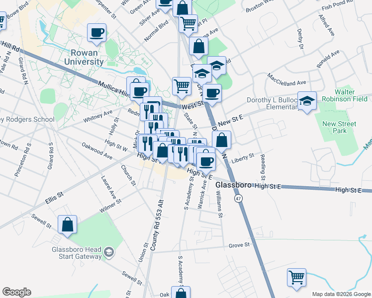 map of restaurants, bars, coffee shops, grocery stores, and more near 15 College Avenue in Glassboro