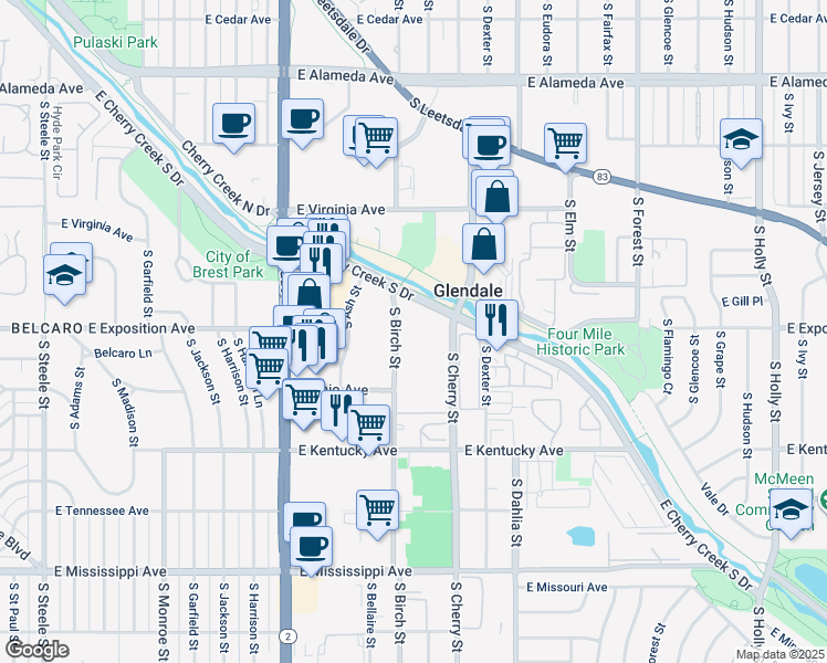 map of restaurants, bars, coffee shops, grocery stores, and more near 4500 Cherry Creek South Drive in Denver